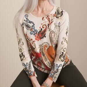 Chicos Sweater Womens Medium Cream Multicolor Paisley Pullover Long Sleeve Knit